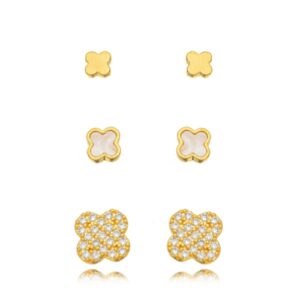 BRINCO TRIO FLOR MICRO ZIRCÔNIA DOURADO